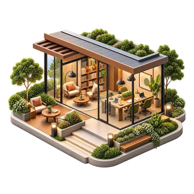 Urbanrise Begur Koppa reading and shared-work lounge with desks, bookshelves and seating