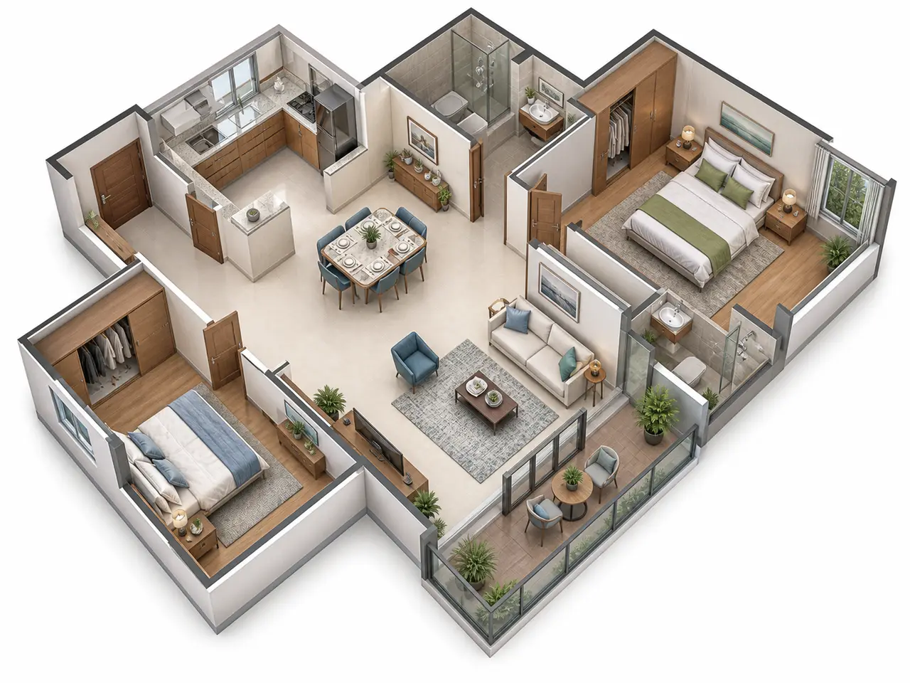Conceptual two-bedroom apartment with living-dining space, kitchen, two bathrooms and a balcony