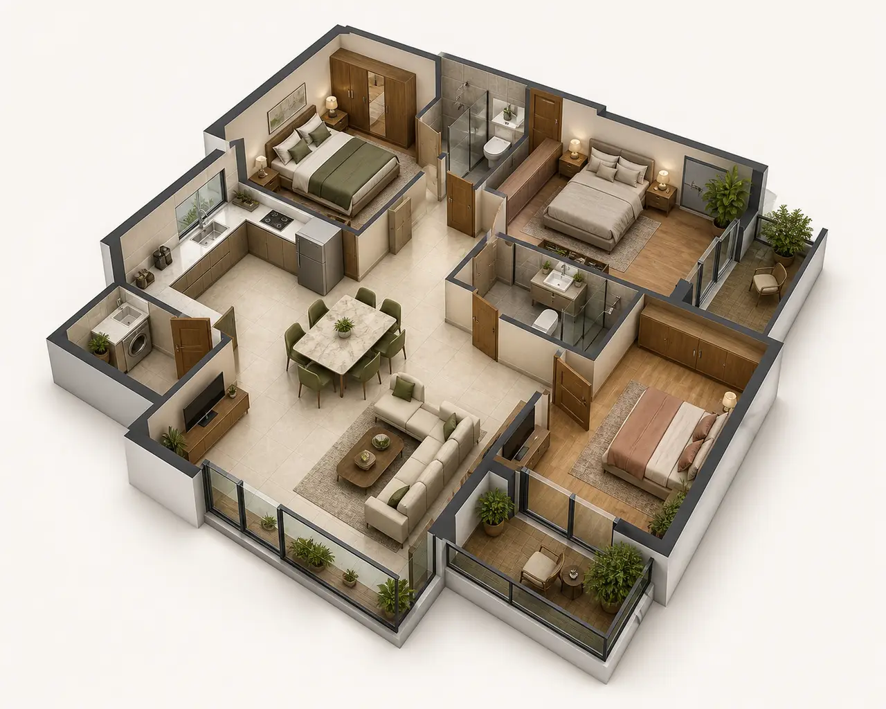 Conceptual three-bedroom apartment with two bathrooms, living-dining space, kitchen, utility zone and balconies