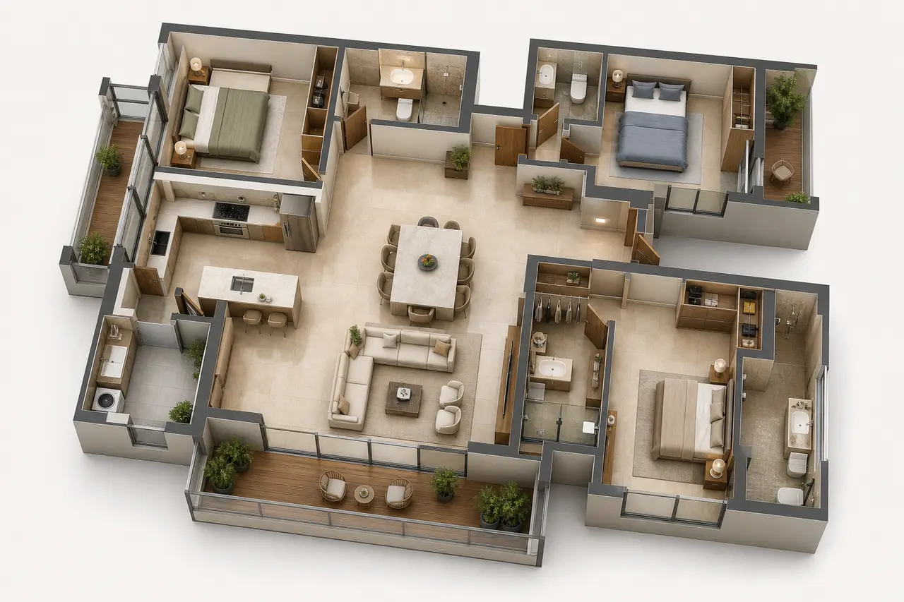 Conceptual three-bedroom apartment with three bathrooms, generous living-dining space, kitchen and balcony