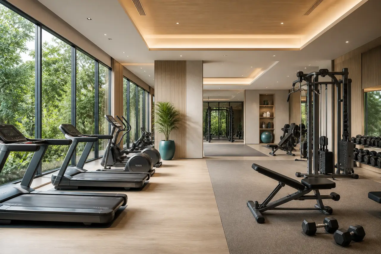 Modern fitness studio with cardio and strength equipment beside full-height garden windows