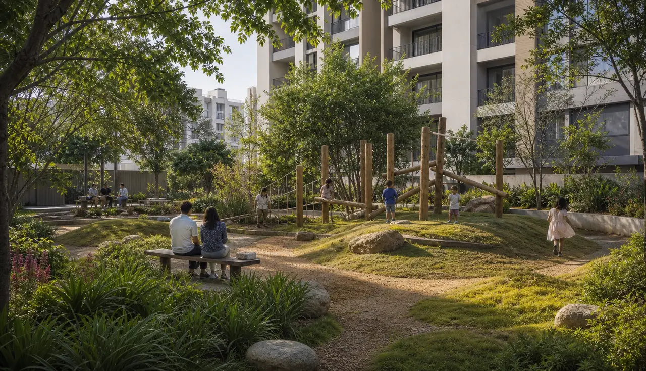 Shaded nature-play garden with timber climbing elements, planting and family seating