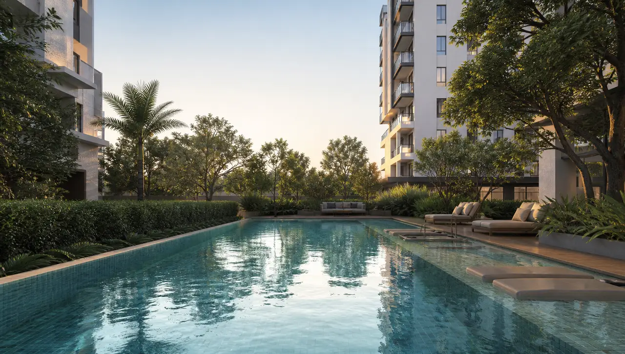 Outdoor lap pool between white apartment buildings and dense green planting