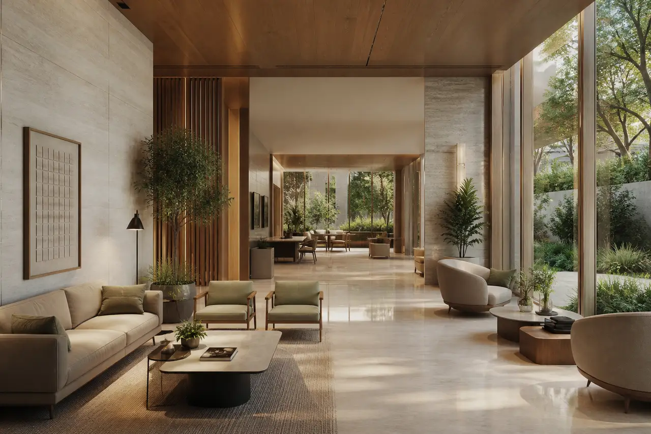 Naturally lit clubhouse lounge with warm timber, pale stone and garden views