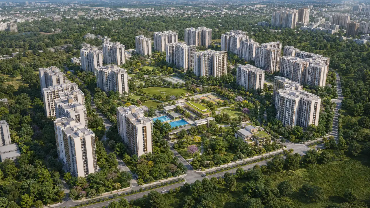 Generic aerial view of a large apartment campus with multiple residential buildings and central landscaped open space
